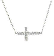 18K White Gold Diamond Sideways Cross Necklace
